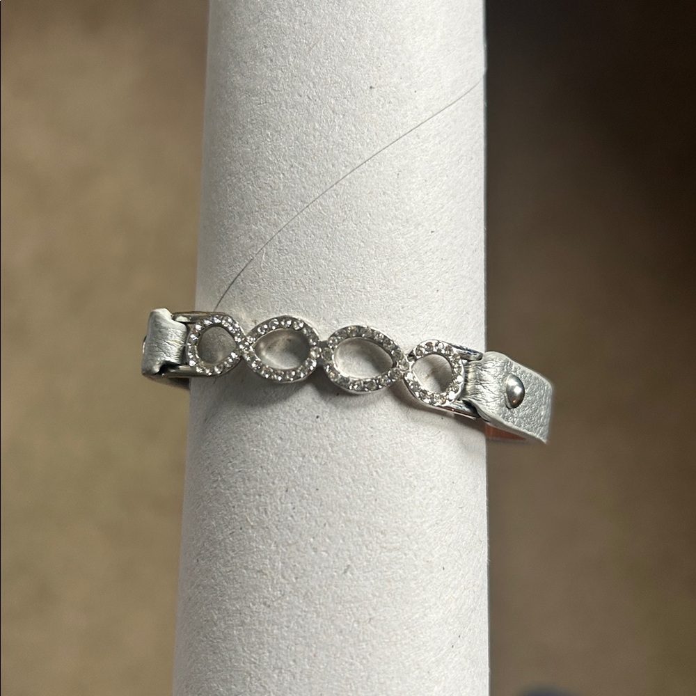 Rhinestone Infinity Silver Leather Bracelet 7 1/2” length